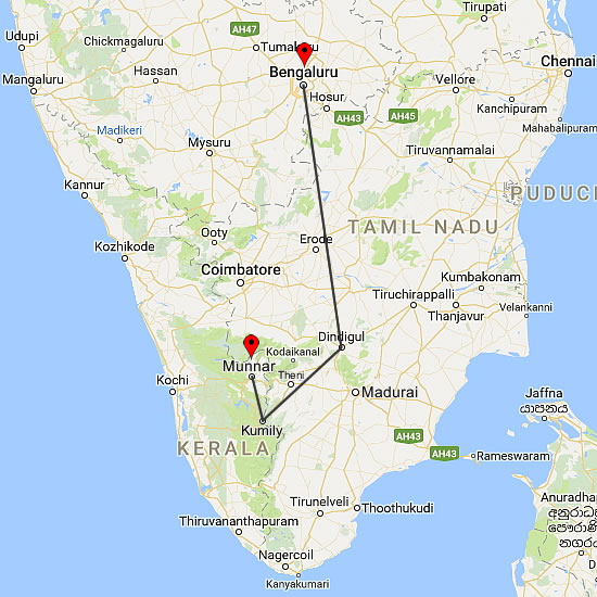 Bangalore to Munnar Route Map