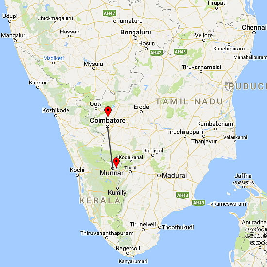 Coimbatore to Munnar Route Map
